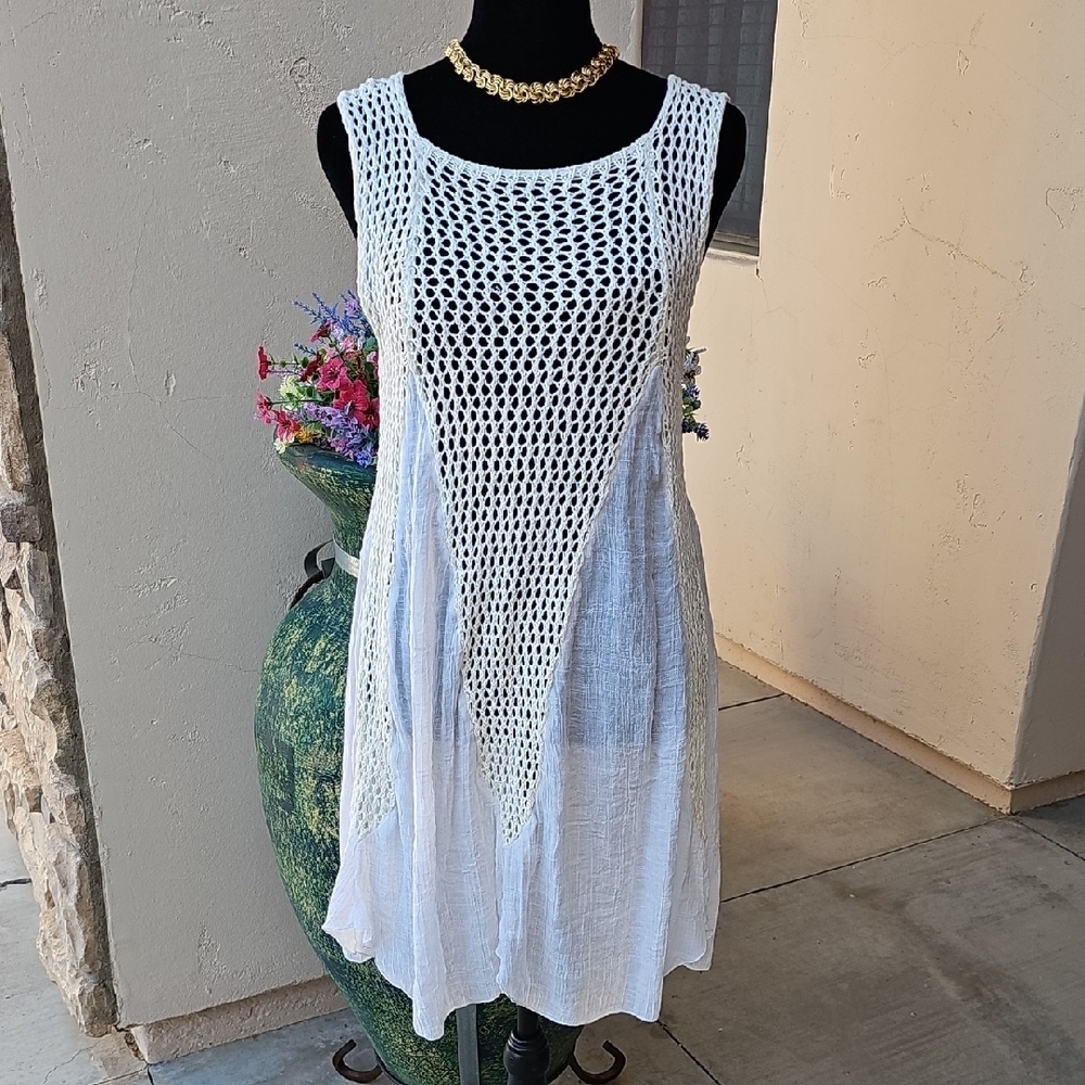 San Joy Ivory Crochet sheer  Dress swim cover up size med